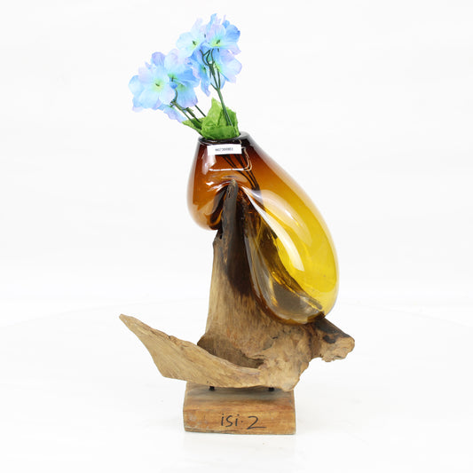 Bali Molten Glass on Teak Wood Base Vase MM300B3