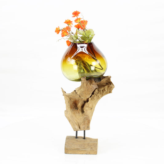 Bali Molten Glass on Teak Wood Base Vase MM302B3