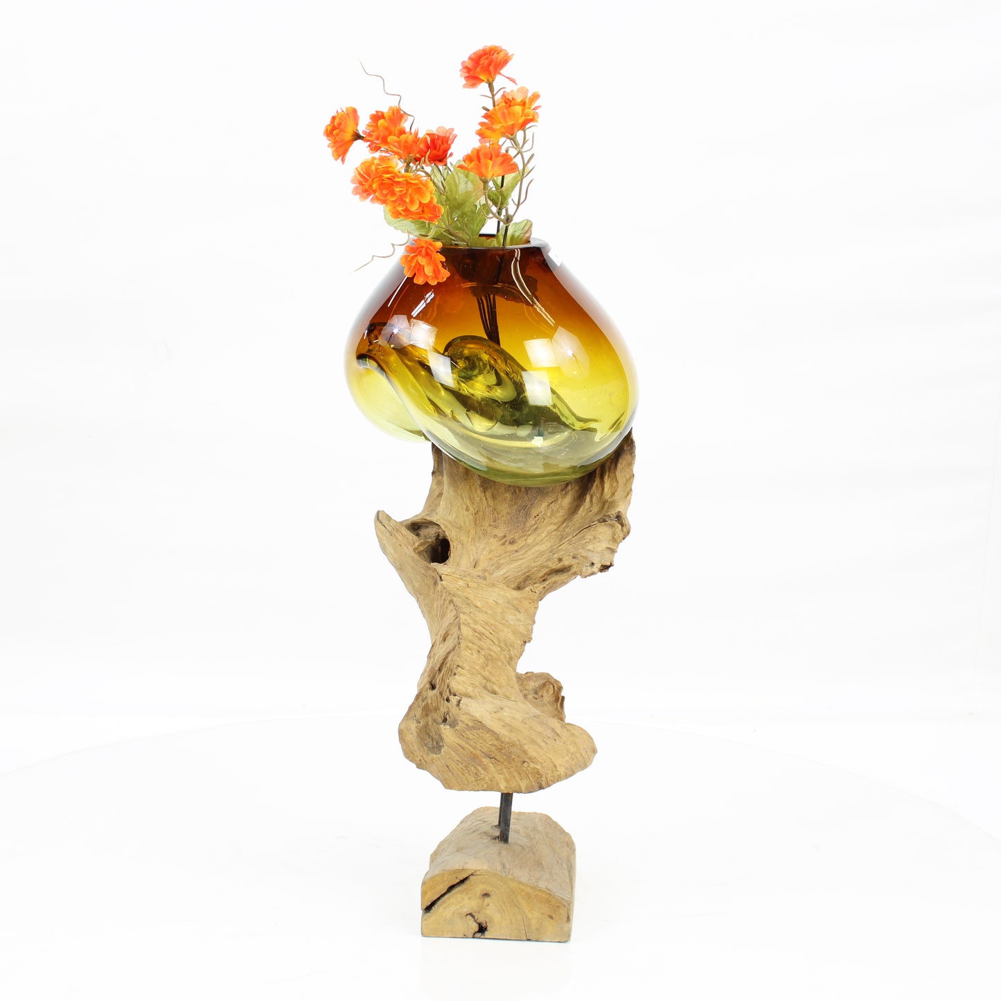 Bali Molten Glass on Teak Wood Base Vase MM302B3