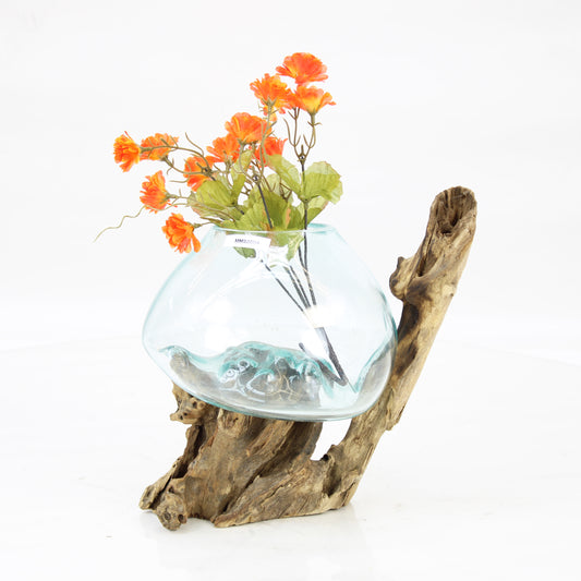 Bali Molten Glass on Teak Wood Base Vase MM320B4