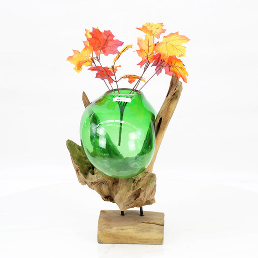 Bali Molten Glass on Teak Wood Base Vase MM329B4