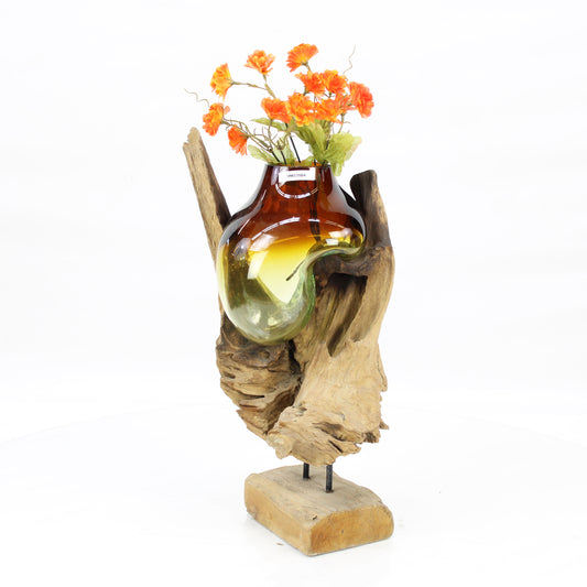 Bali Molten Glass on Teak Wood Base Vase MM335B4