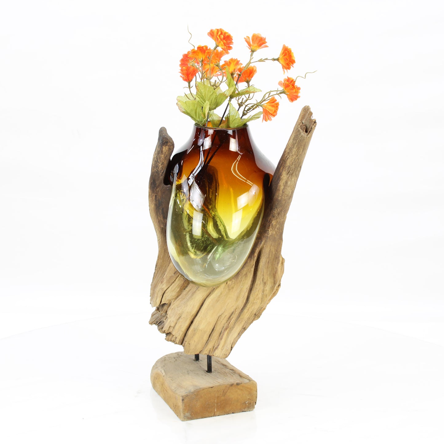 Bali Molten Glass on Teak Wood Base Vase MM335B4