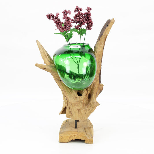 Bali Molten Glass on Teak Wood Base Vase MM349C4