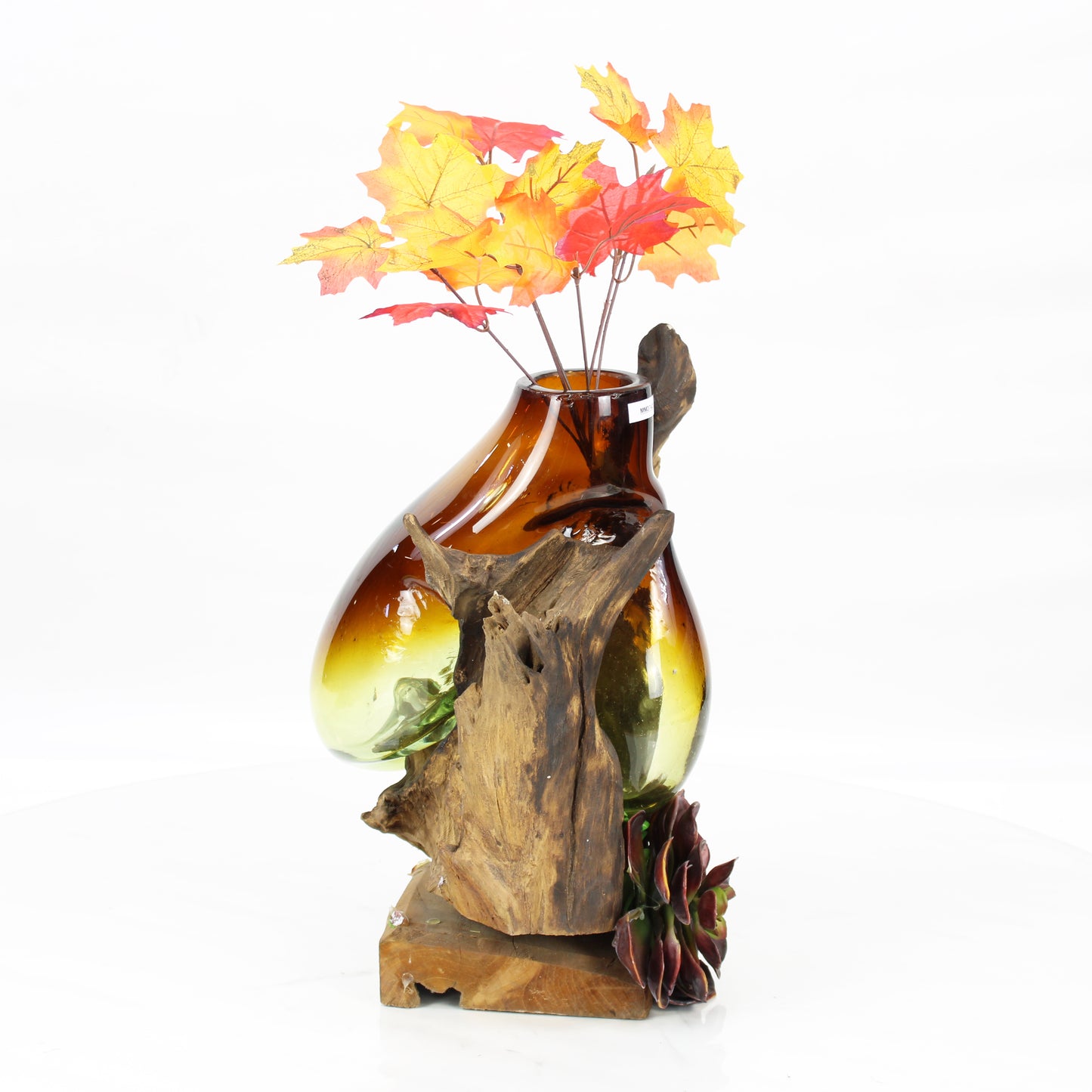 Bali Molten Glass on Teak Wood Base Vase MM374C3