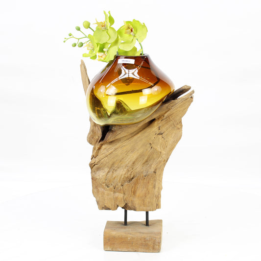 Bali Molten Glass on Teak Wood Base Vase MM380C3