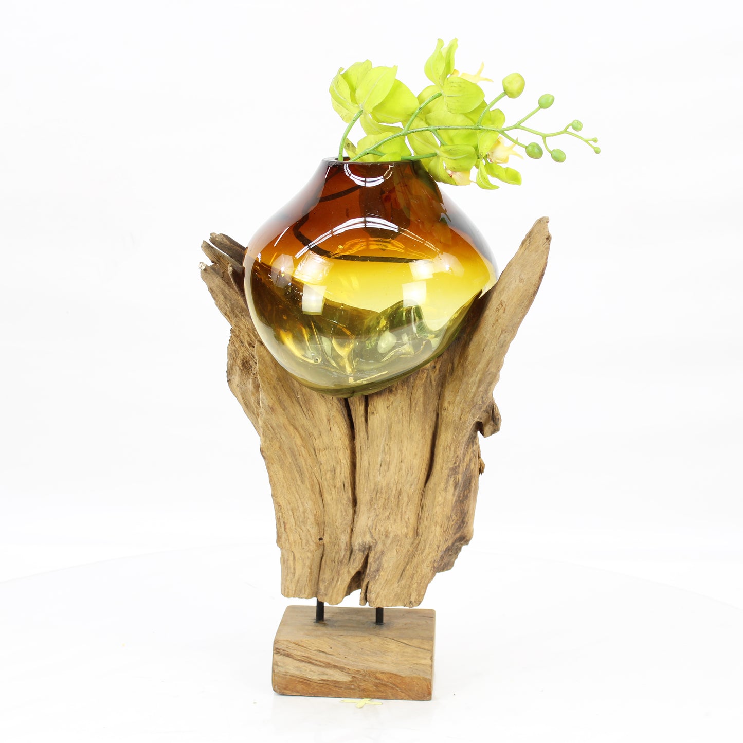 Bali Molten Glass on Teak Wood Base Vase MM380C3