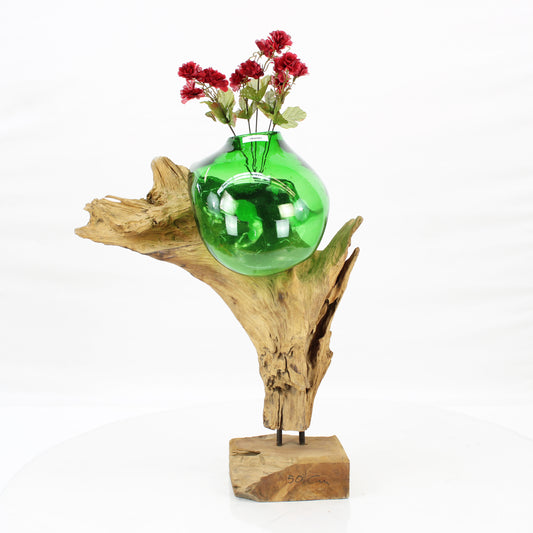 Bali Molten Glass on Teak Wood Base Vase MM409B1