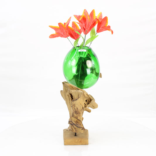 Bali Molten Glass on Teak Wood Base Vase MM413B1