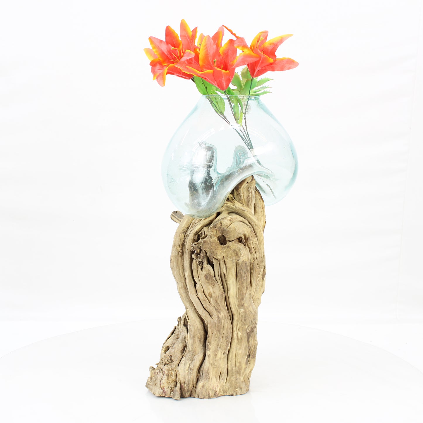 Bali Molten Glass on Teak Wood Base Vase MM422B1