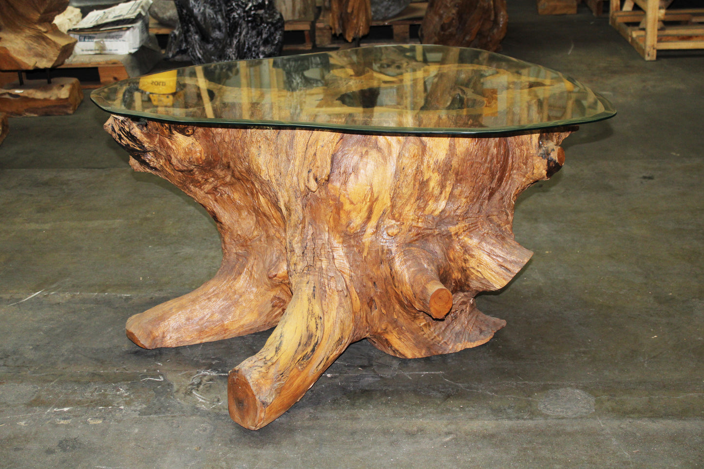 Carved Teak Root Coffee Table with Glass TRCTG01