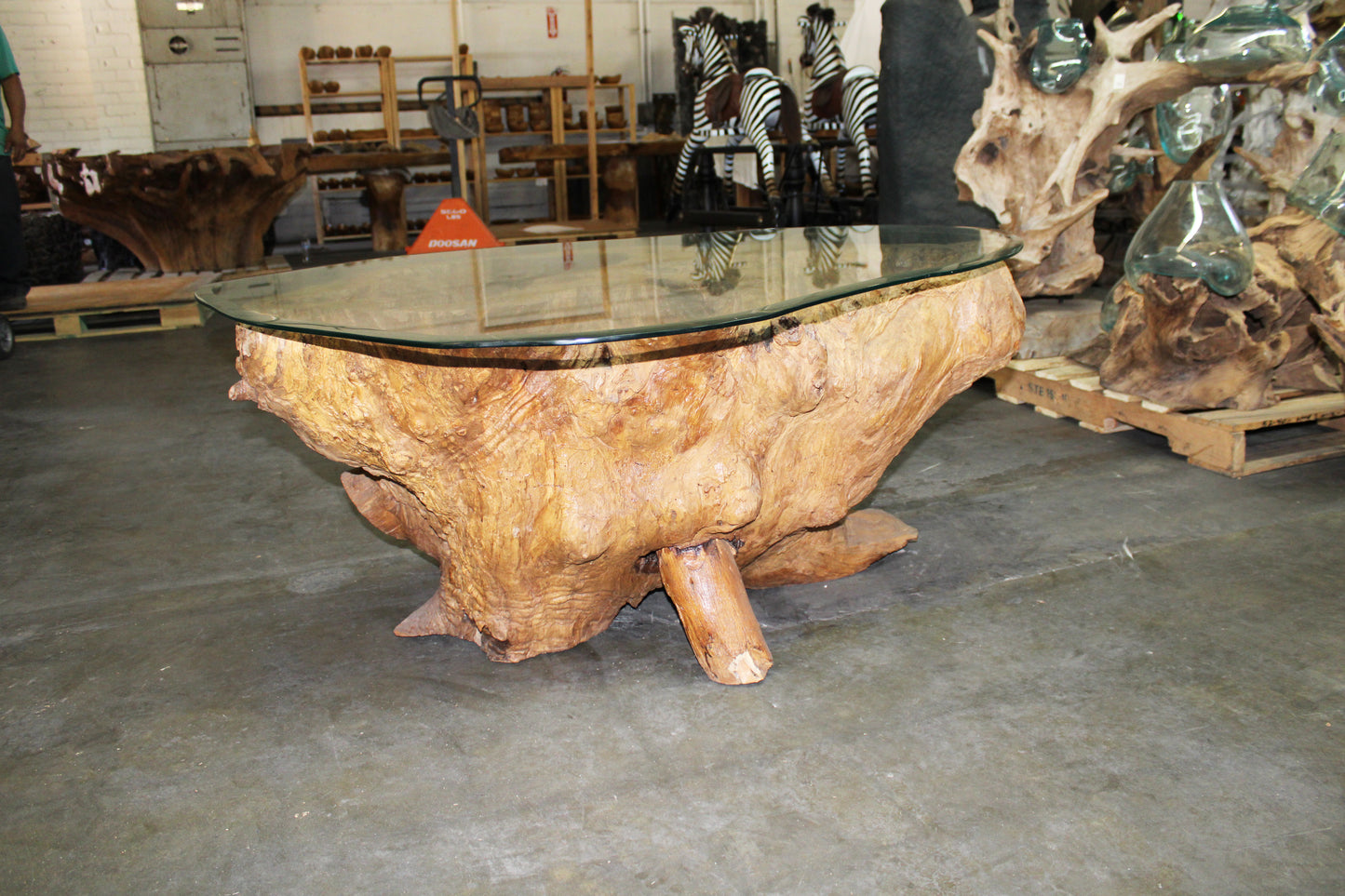 Carved Teak Root Coffee Table with Glass TRCTG01