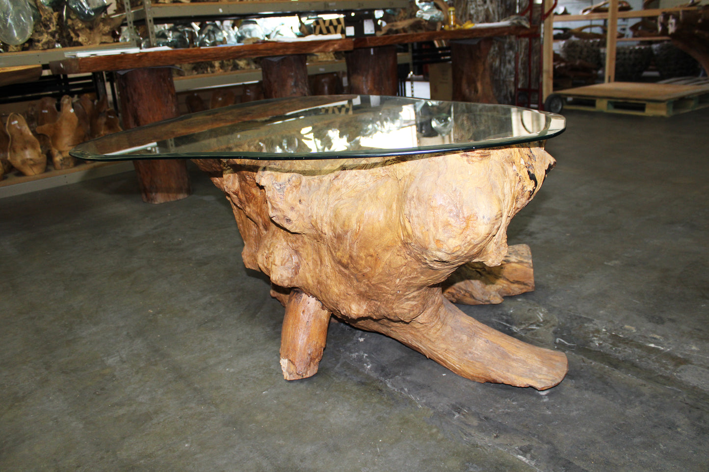 Carved Teak Root Coffee Table with Glass TRCTG01