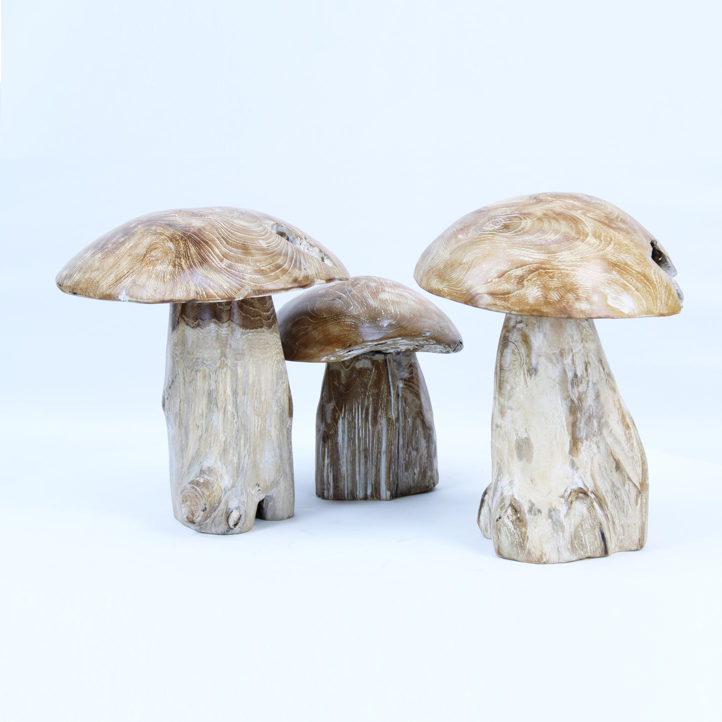 Hand Carved Teak Wood Garden Mushrooms Sculpture 3 Pcs TWDM17A