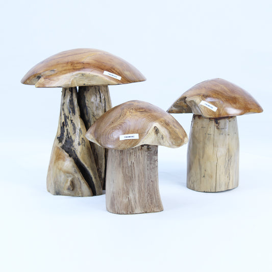 Hand Carved Teak Wood Garden Mushrooms Sculpture 3 Pcs TWDM18A