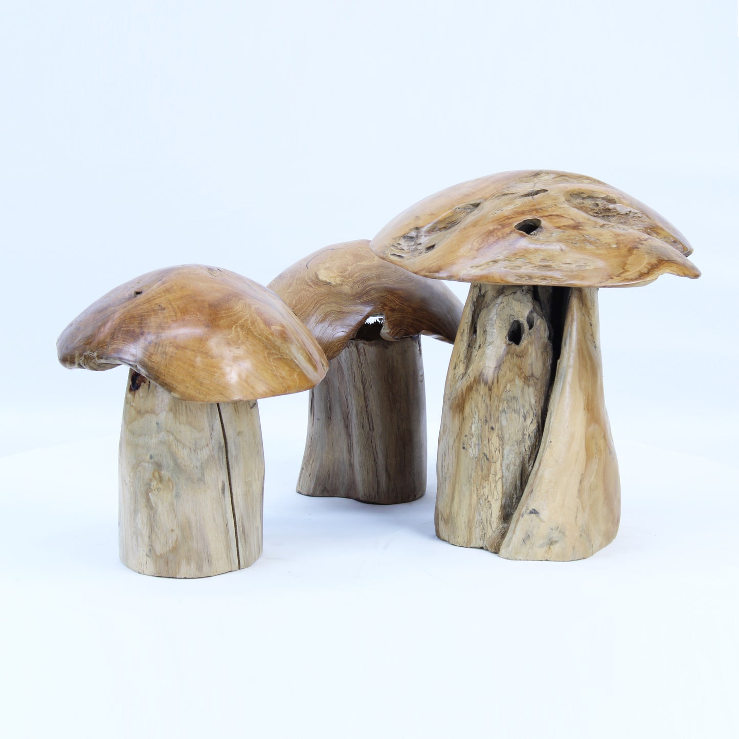 Hand Carved Teak Wood Garden Mushrooms Sculpture 3 Pcs TWDM18A