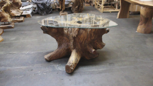 Carved Teak Root Coffee Table with Glass TRCTG01